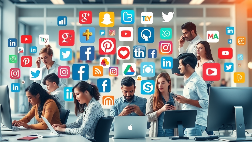 Collage of social media platform logos with professionals, social media lead generation, diverse users