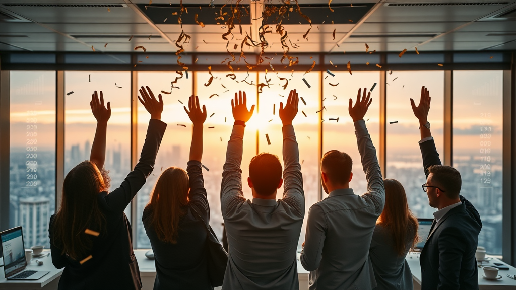aspirational business team celebrating brand success using social media marketing strategies