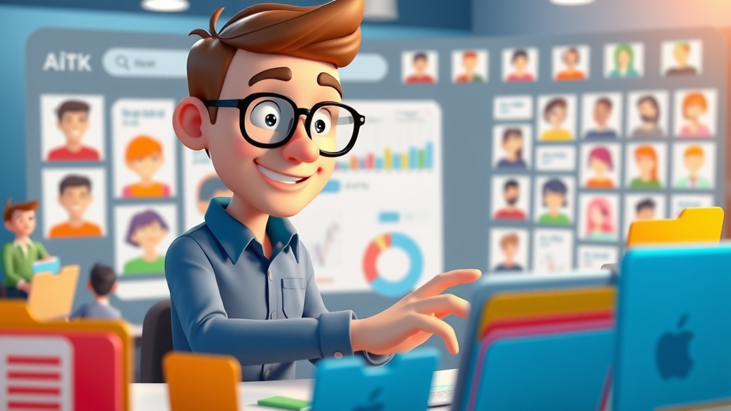 friendly marketer organizing customer profiles on digital dashboard, email list segmentation, colorful avatars, email marketing for leads