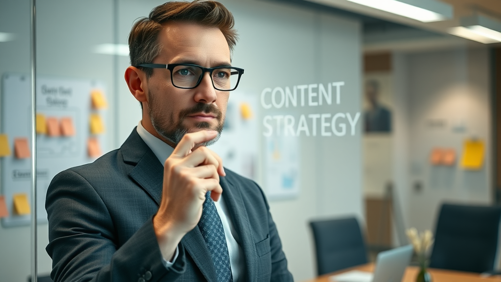 confident business professional brainstorming content distribution strategy on glass board