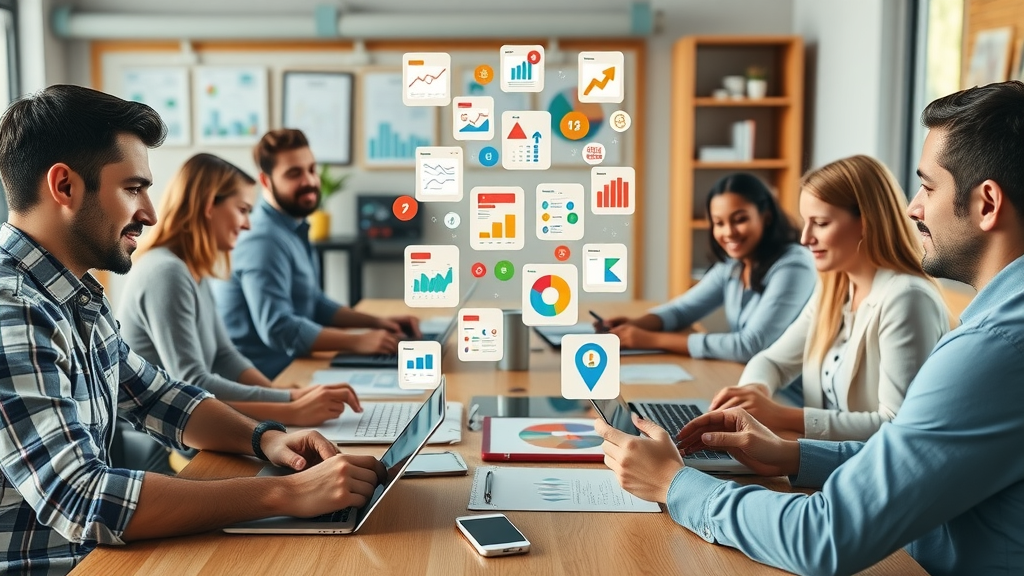 analytical marketing team working on digital marketing budget allocation for ads, marketing budget channels laptops tablets charts