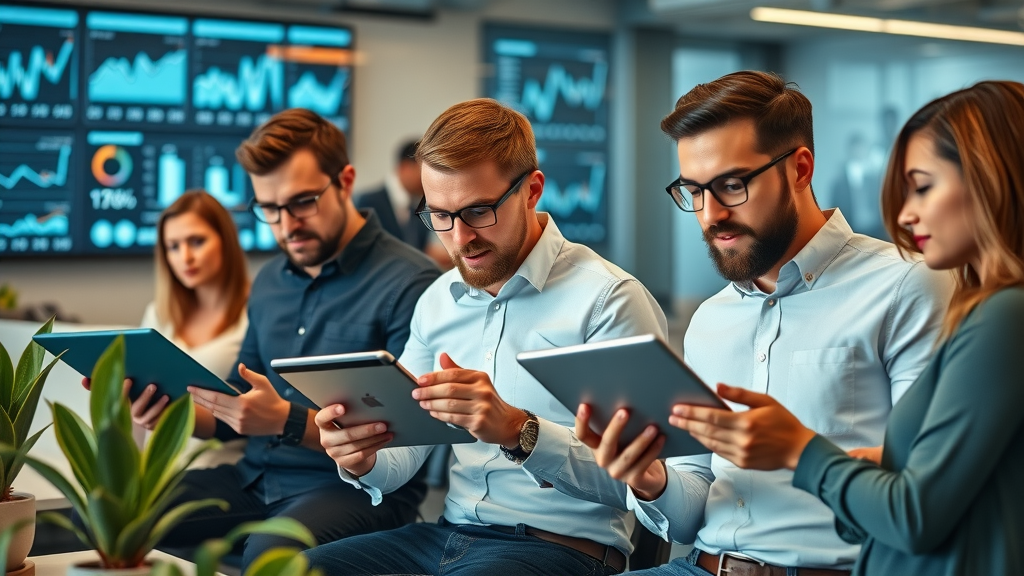 Dynamic team of digital marketers analyzing social media metrics, social media lead generation, modern office, digital charts