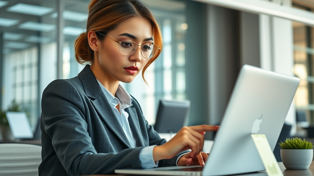 Professional businesswoman analyzing website conversion metrics data on a laptop, reviewing charts and digital elements, corporate workspace.