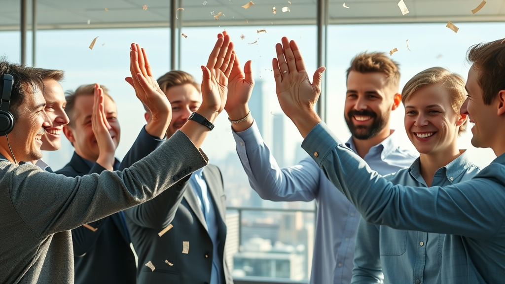 successful digital marketing team celebrating after optimized content distribution channel campaign