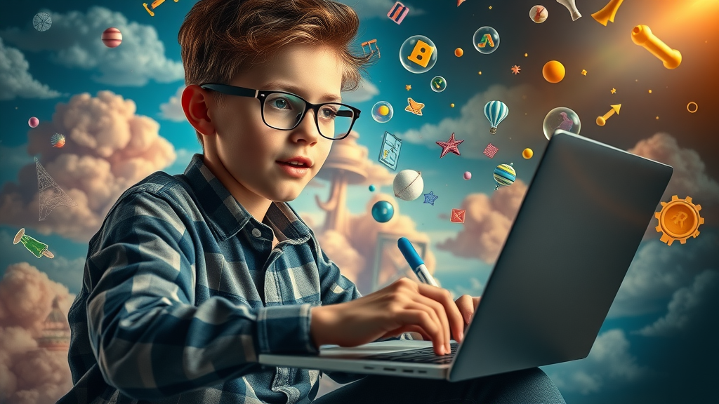 Young enthusiastic writer drafting digital content with colorful graphics and visual storytelling icons