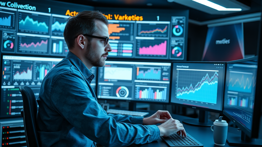 strategic digital marketer reviewing ROI metrics and paid ad campaign success across social media platforms on multiple screens