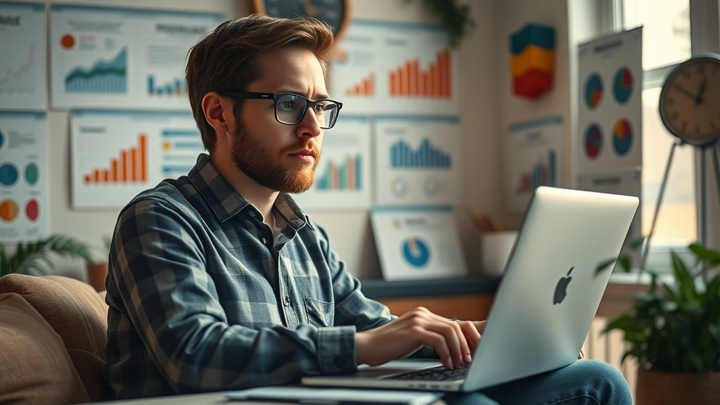 Content strategist writing SEO-focused blog post to support lead generation strategies in a creative workspace with analytics visuals.
