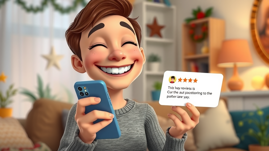 Delighted customer reading positive review response with review response strategies