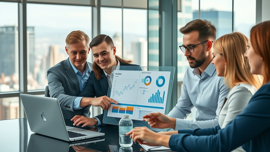 Lead scoring and qualification: dynamic sales team analyzing data in an office with city skyline, digital dashboards, business casual, natural light