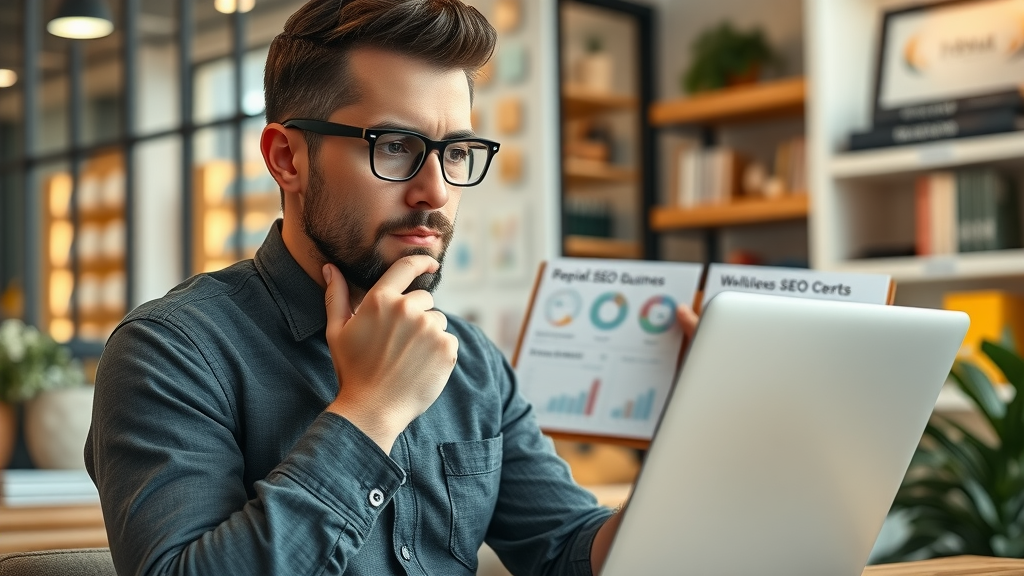 thoughtful small business owner comparing local SEO tools, using laptop with charts in cozy retail space