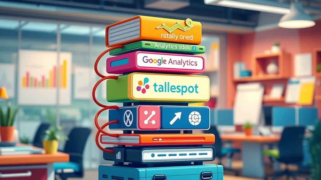 Colorful tech stack illustration showing connected analytics tools: Google Analytics, SEMrush, Tableau, HubSpot