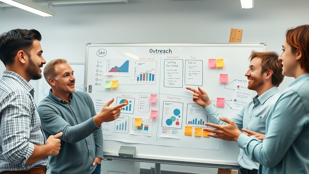 SEO team planning sustainable local link building strategy on whiteboard, best practices and tactics