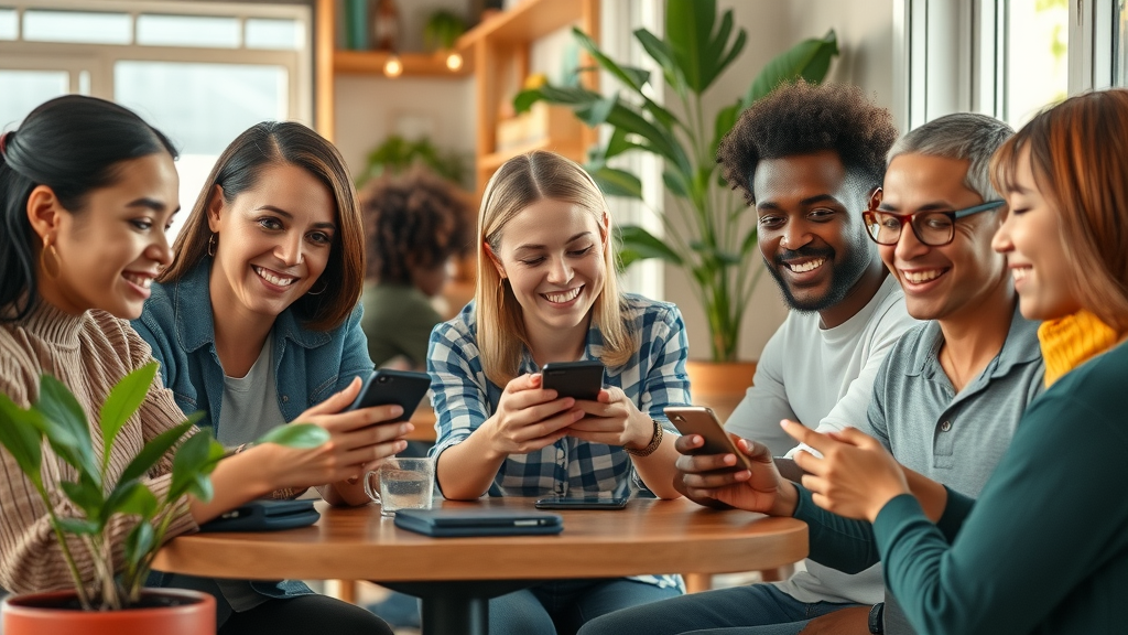 happy diverse customers satisfied expressions leaving feedback reviews smartphones