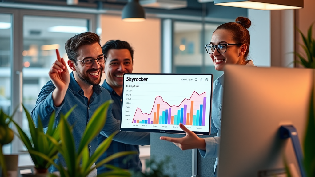 vibrant ecommerce team reviewing skyrocketing keyword traffic analytics