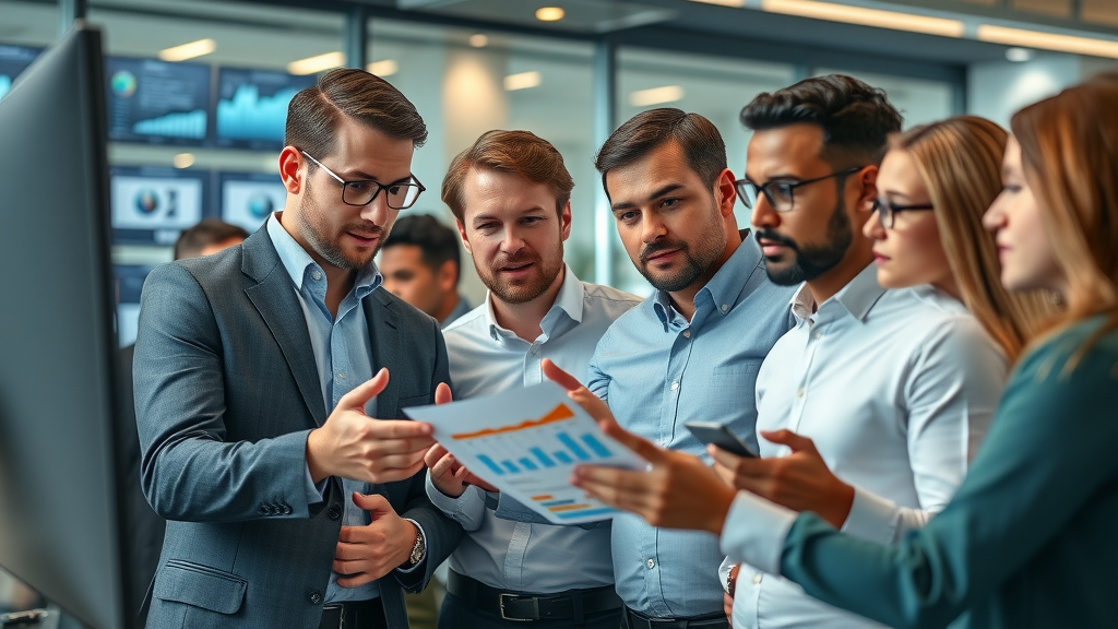 Insightful business marketing team analyzing data charts for target audience analysis – modern office, diverse professionals, digital screens