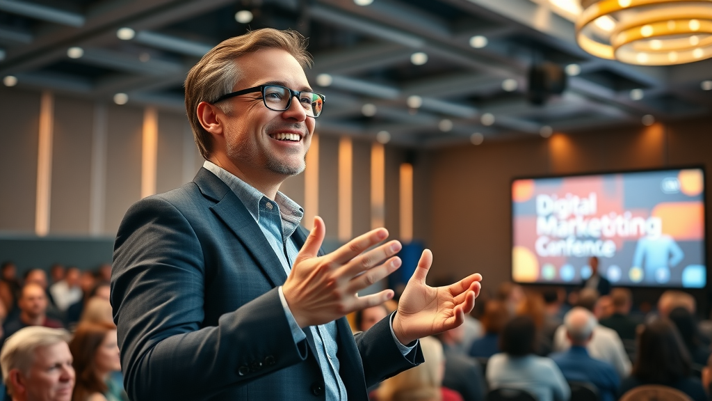 Confident digital marketing expert delivering keynote on a/b testing at industry conference, engaging wide audience