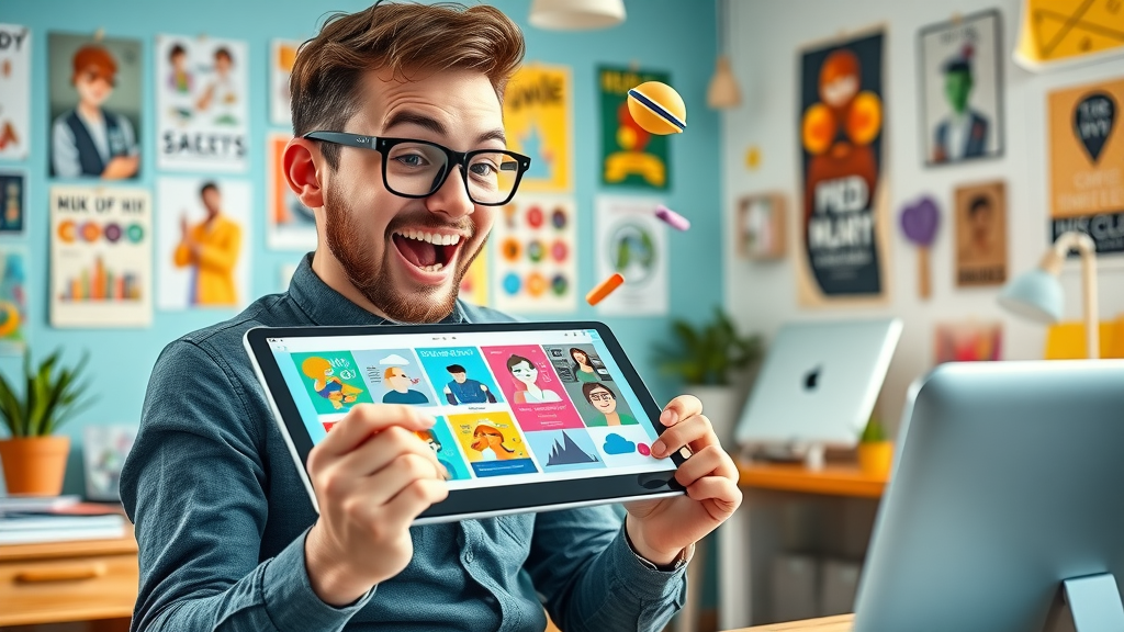 content marketing tool creative workspace, marketer using Canva for vibrant visual content on tablet