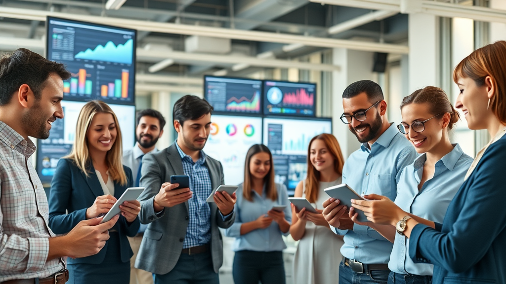 social media marketing professionals collaborating in a modern office with animated digital dashboards showing media platforms and social icons