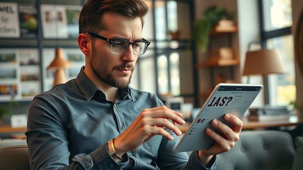small business owner comparing video marketing tools on tablet in modern workspace
