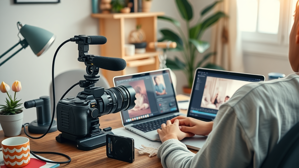 Vlogger setting up video production equipment and editing content