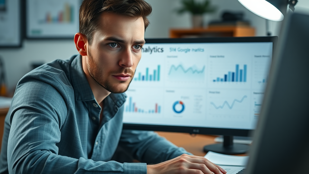 digital marketer analyzing google analytics dashboard for engagement metrics and conversion rates
