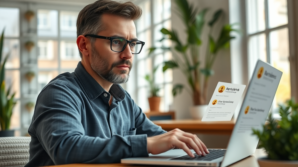 reputation management - business owner responding to online reviews in a cozy office