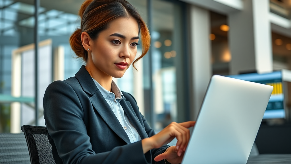 Professional businesswoman managing online reputation on digital devices in a modern office setting, online reputation management