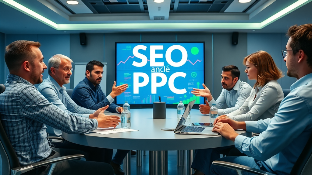 digital marketing team aligning search engine marketing and PPC strategy in round table setting