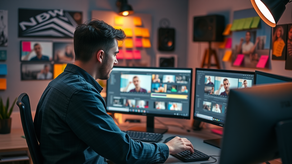 skilled video editor working on a creative marketing video at desktop studio