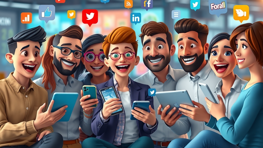 Marketers engaging with digital content creation across diverse social media platforms in a lively digital workspace