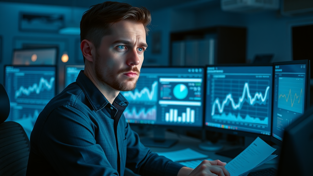thoughtful marketer analyzing multiple video analytics dashboards in a tech workspace