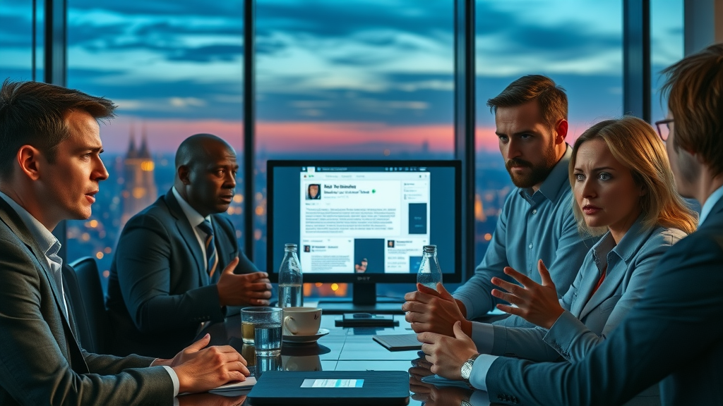 brand reputation - upset brand managers reacting to negative online news in a boardroom