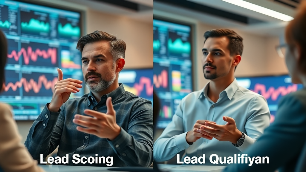 Side-by-side visuals: lead scoring vs lead qualification, professionals discussing around digital displays