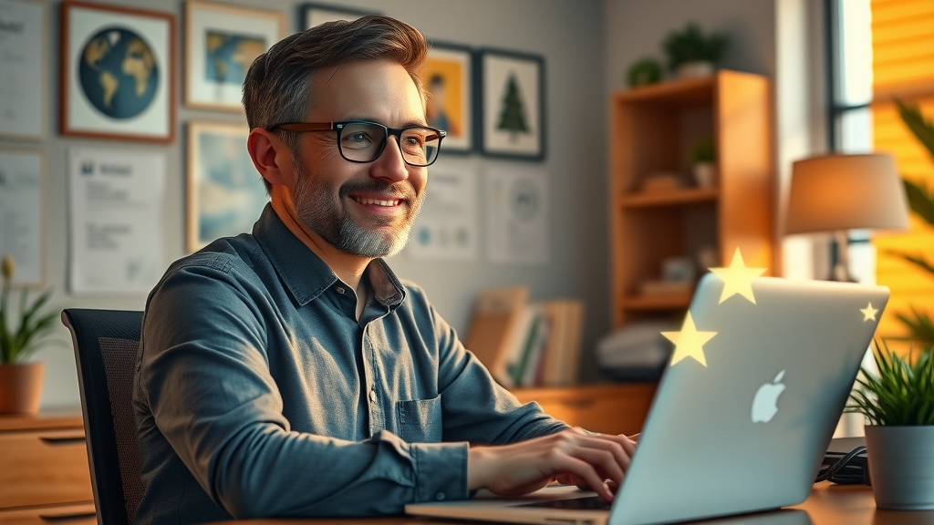Confident business owner reading positive online reviews and enhancing reputation management