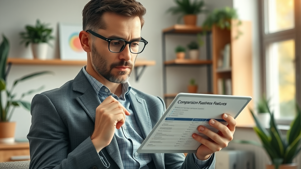 Meticulous business analyst evaluating reputation monitoring tool comparison checklist for social media and analytics