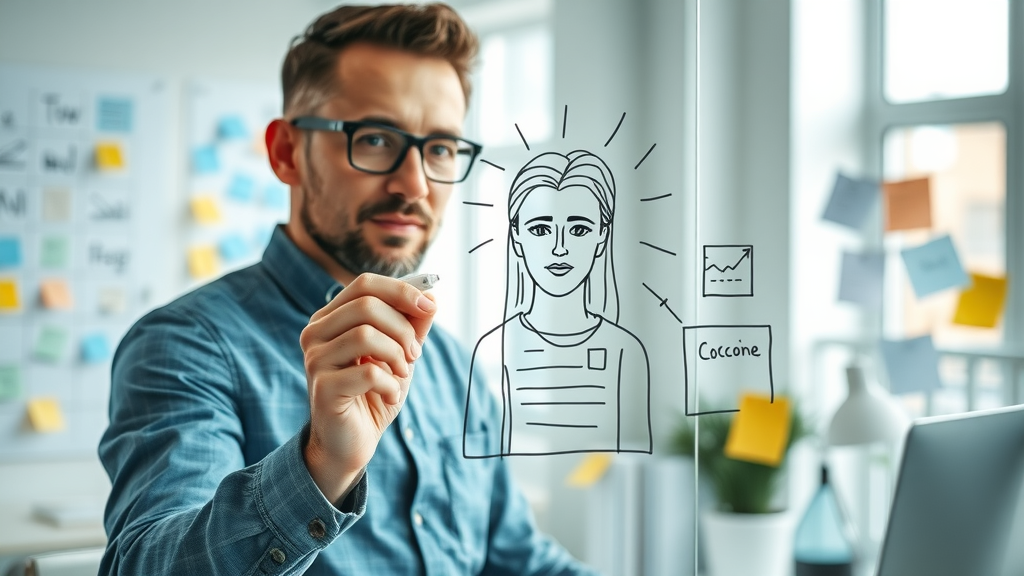 Strategic marketing manager sketching detailed buyer persona on glass board – bright workspace, sticky notes and diagrams, target audience analysis