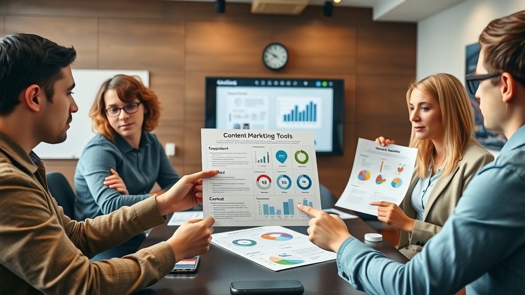 content marketing strategy team reviewing comparison charts of tools, selecting marketing tools thoughtfully in boardroom