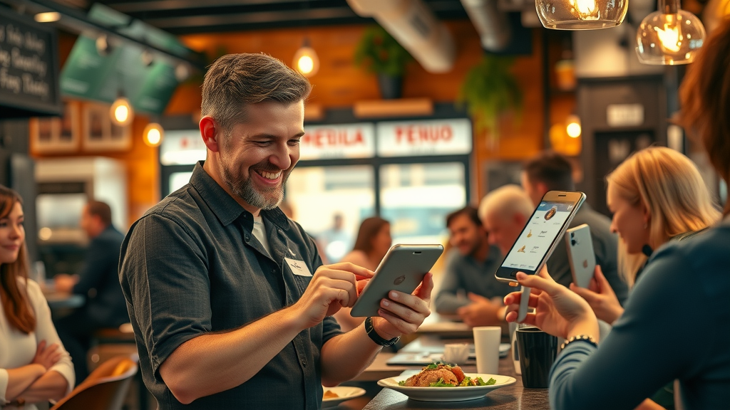 local restaurant owner using mobile device for online orders, showcasing mobile local SEO growth success