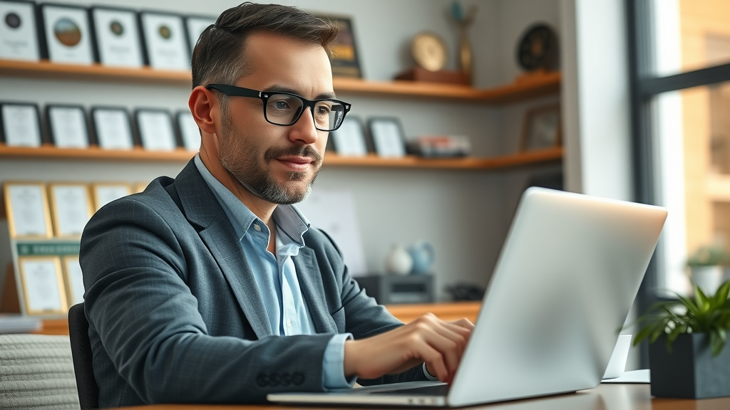 google business profile owner reviewing business profile laptop modern office