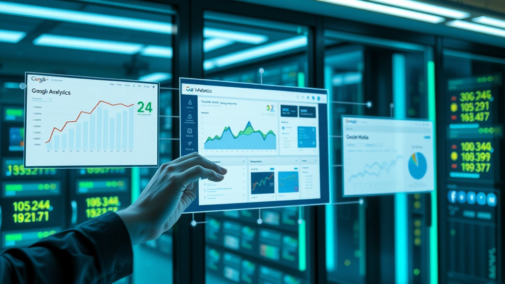 Multiple marketing analytics platforms interconnected: Google Analytics, Google Ads, Social Media dashboards