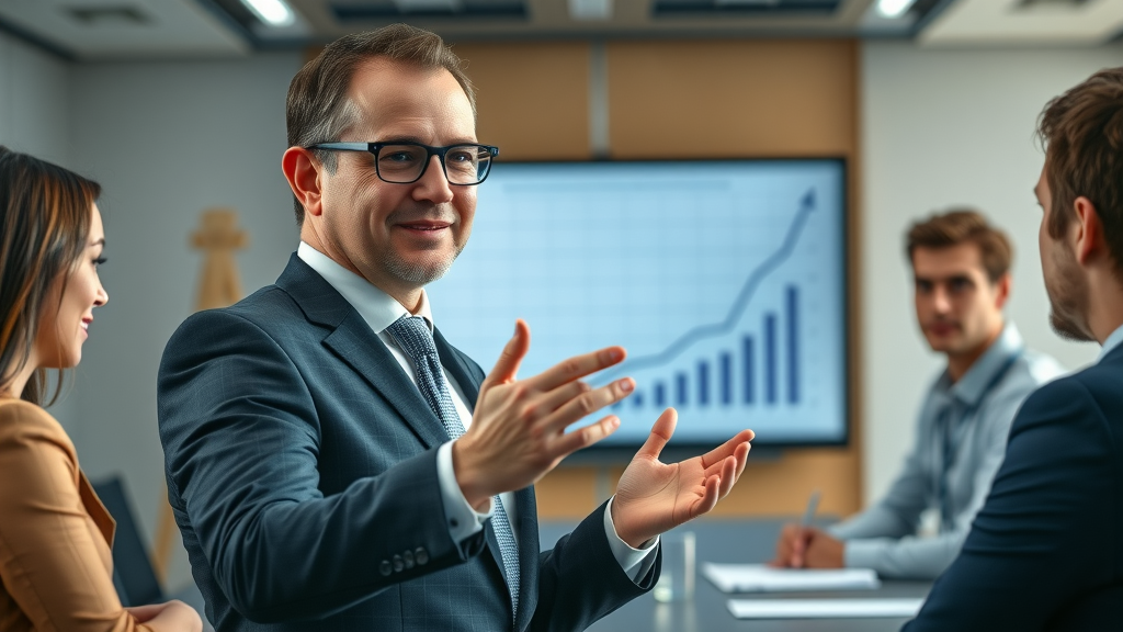 Confident sales manager presents upward-trending conversion graph to team in boardroom