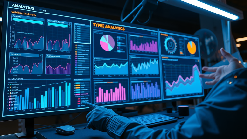 AI analytics dashboard: predictive lead scoring with animated holographic charts in a futuristic workspace