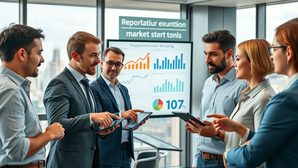 business team collaborating on reputation marketing tools and software with tablets, reputation management dashboard, and data analysis