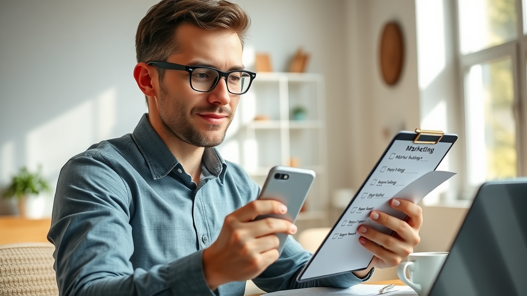 entrepreneur reviewing digital marketing action plan checklist
