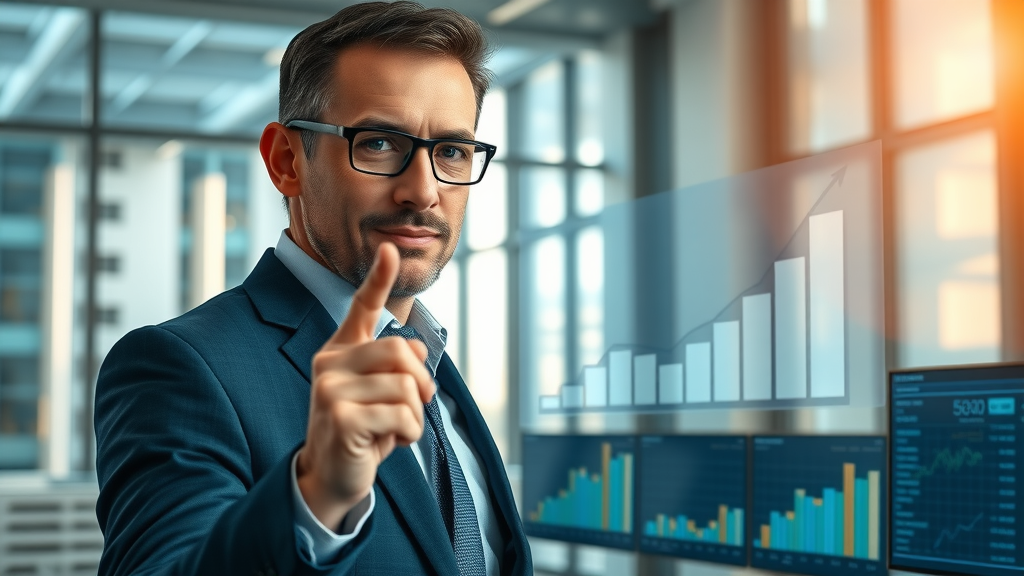 Business analyst pointing at upward graph indicating improved conversion rates from a/b testing for landing pages and subject lines