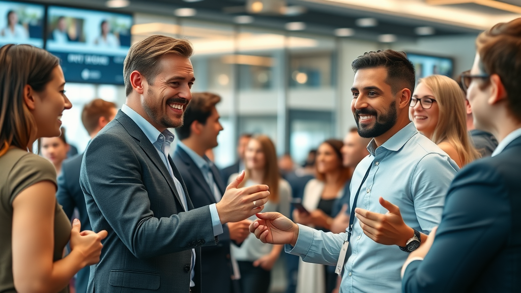 Confident professionals networking at a modern event showcasing personal brand basics