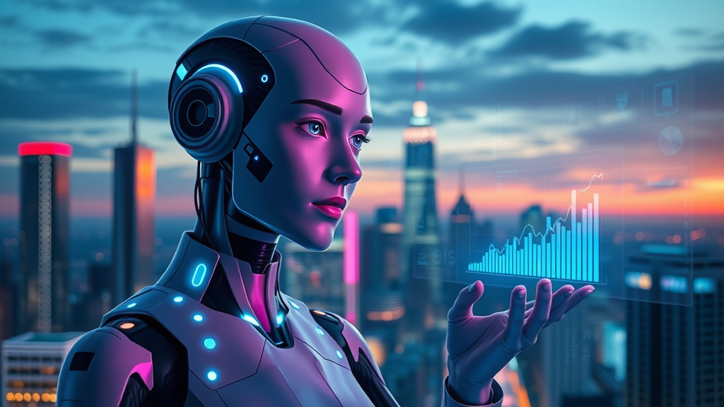 Futuristic AI assistant analyzing holographic marketing analytics data in a cityscape