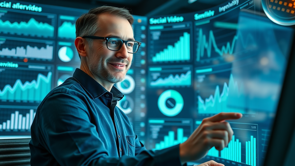 social media video marketing analytics dashboard high-tech graphs marketer reviewing metrics electric blue tones