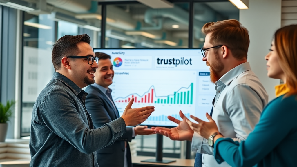 Focused e-commerce team analyzing Trustpilot dashboard to measure business review ROI