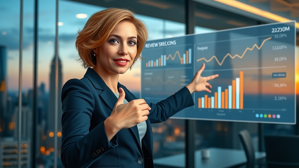businesswoman pointing at customer review analysis graphs for brand reputation